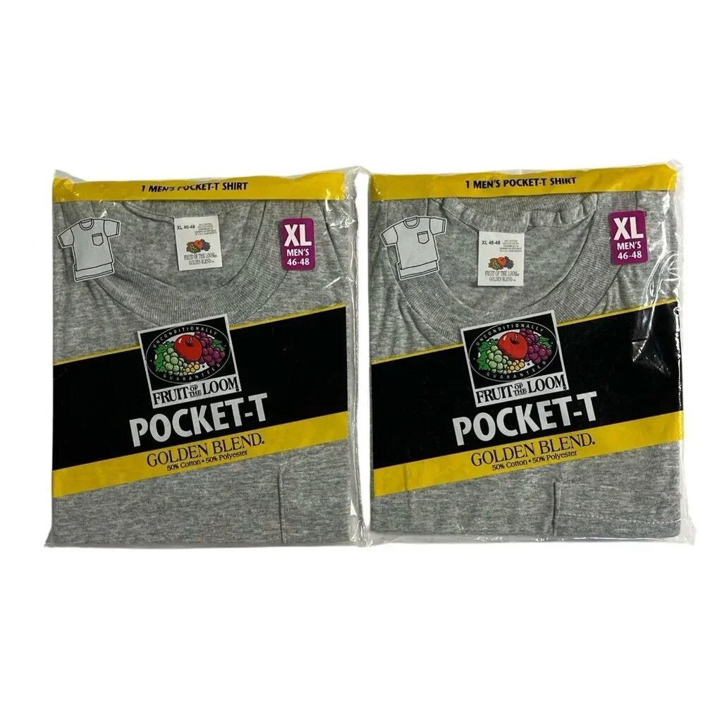 Vintage Fruit of the Loom Pocket T Gray Shirt Mens XL 46-48 Golden Blend 1998 2P
